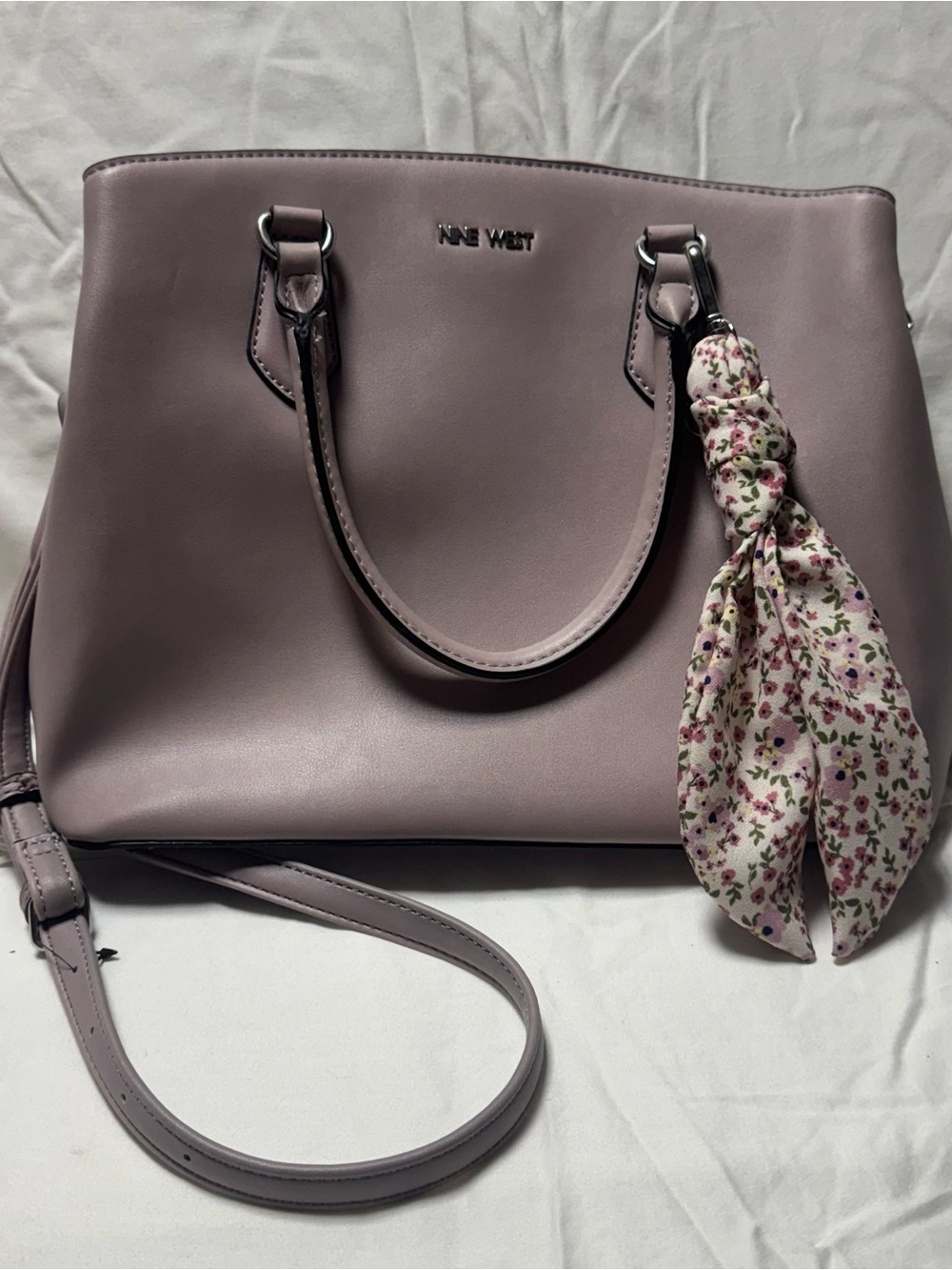 Nine West Mauve Satchel with Floral Scarf Accent